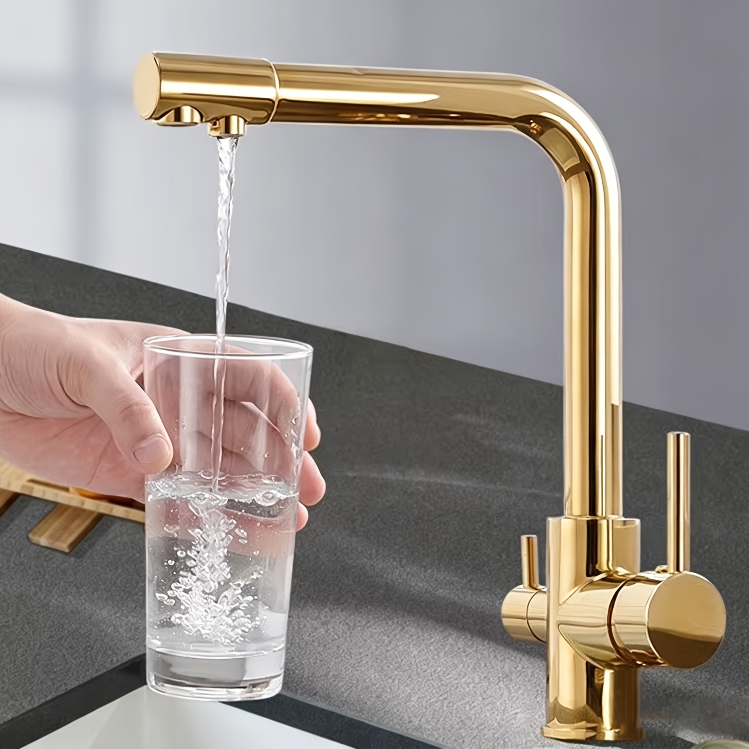 1pc Kitchen Sink Faucet | Single-hole Kitchen Faucet | Dual-handle "-letter" Design | 360-degree Swivel Hot/cold Mixer Faucet | | Ceramic Cartridge (golden)
