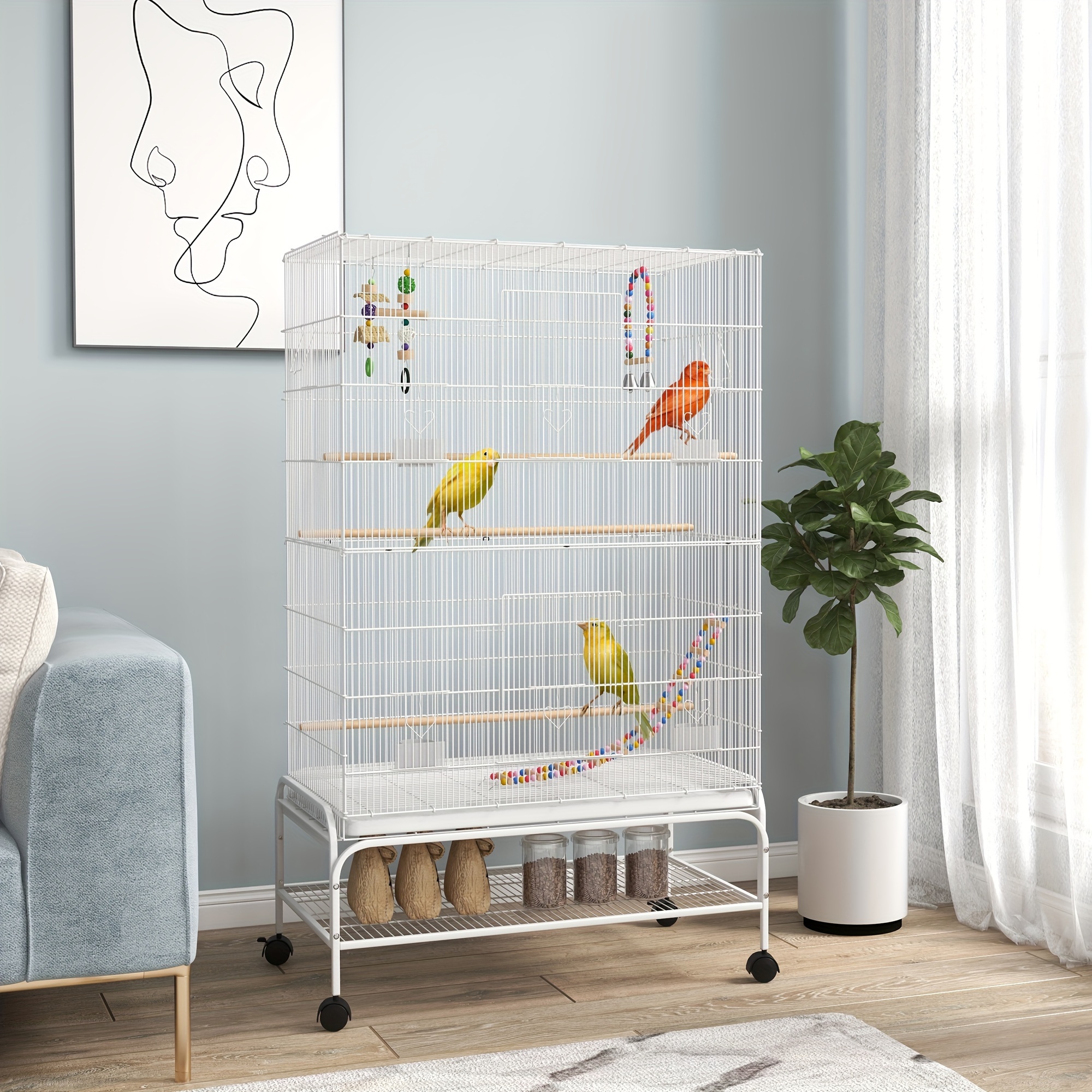 TEMU Cage à oiseaux PawHut 52" pour , nymphes, , inséparables, pinsons avec support roulant, jouets, bac amovible, étagère de rangement