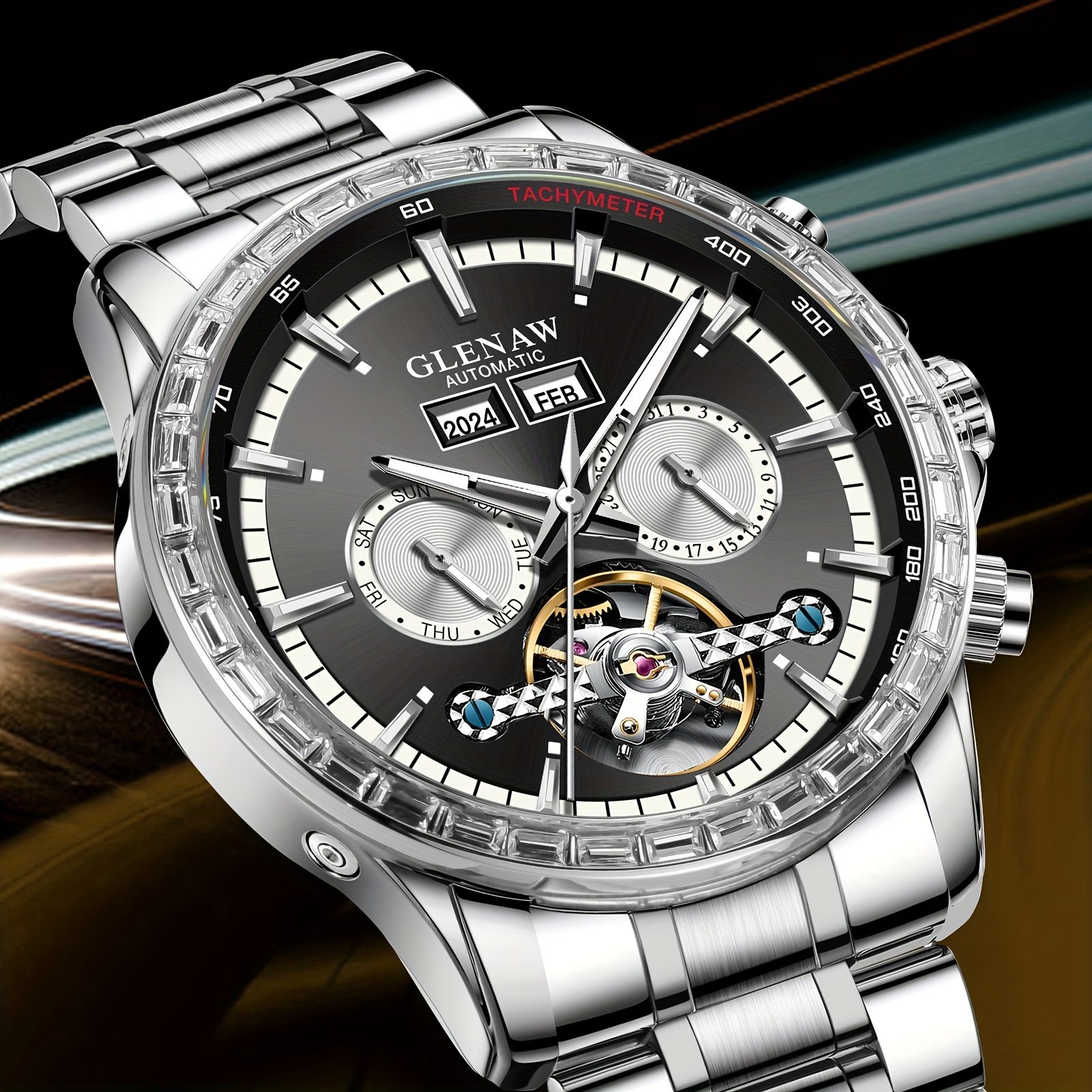 Image of Men' Mechanical Watch With Chronograph, Date/day/week/year Display, Stainless &, Self-winding Movement, For Dress Watch For Party, Casual Attire & Special Occasions -