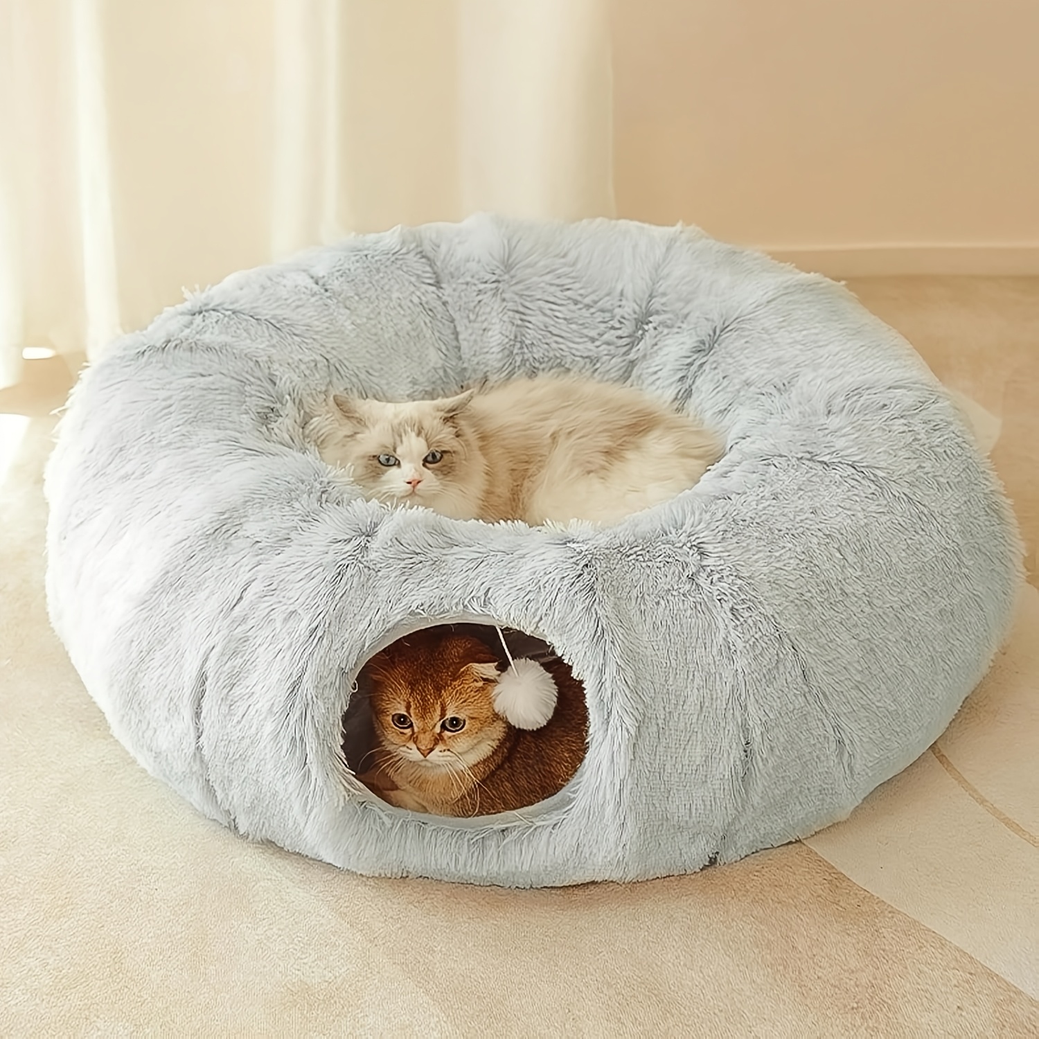 TEMU 1pc Cat Tunnel With Cat Bed For Indoor Cats, Soft Plush Peekaboo Cat Cave Donut Tunnel, Multifunctional Playground Toys Hideplace For Kittens,