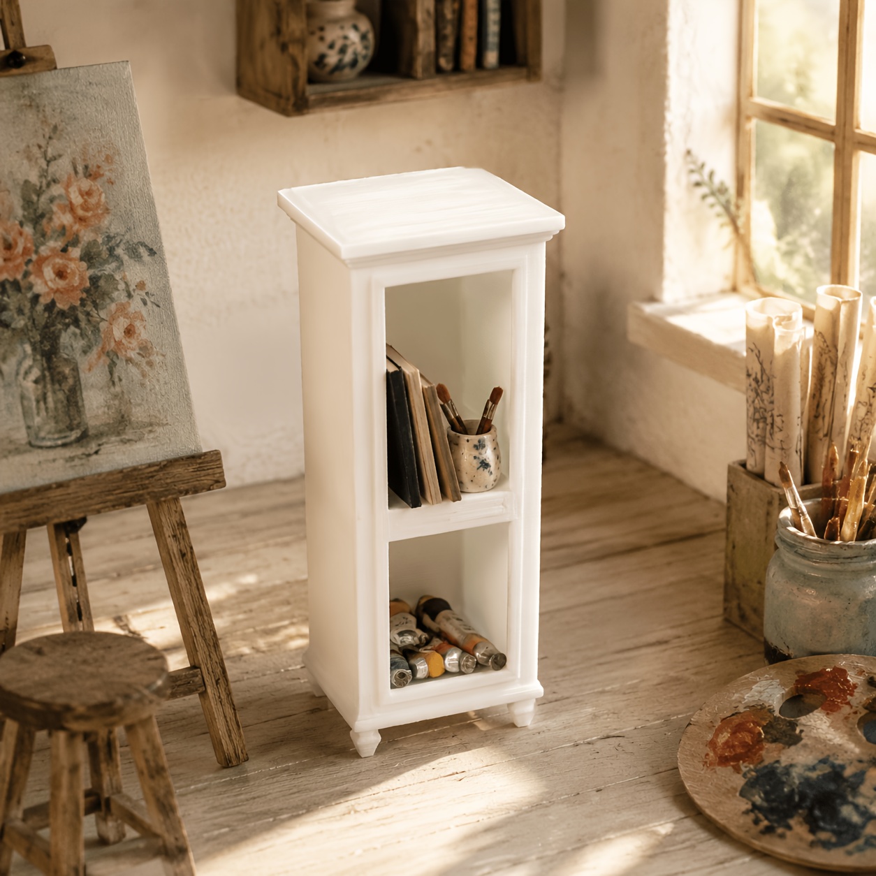 TEMU Miniature Palm-sized Bookshelf | 1:12 Dollhouse Mini Furniture, White Pla Material Double-shelf Storage Tall Cabinet, Mini Bookshelf Model House