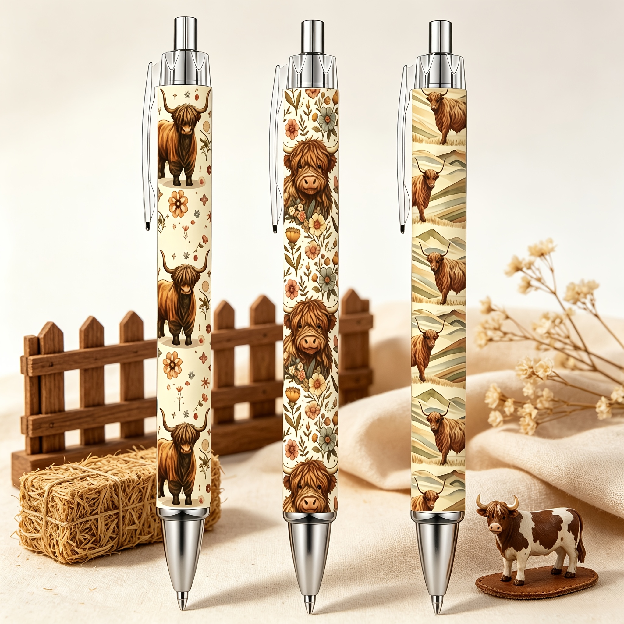TEMU 3pcs Retro Highland Cow Earth- Click Pens, Farmhouse Style Printed Neutral Pens, Earth- Watercolor Prints Featuring Highland Cows, Floral