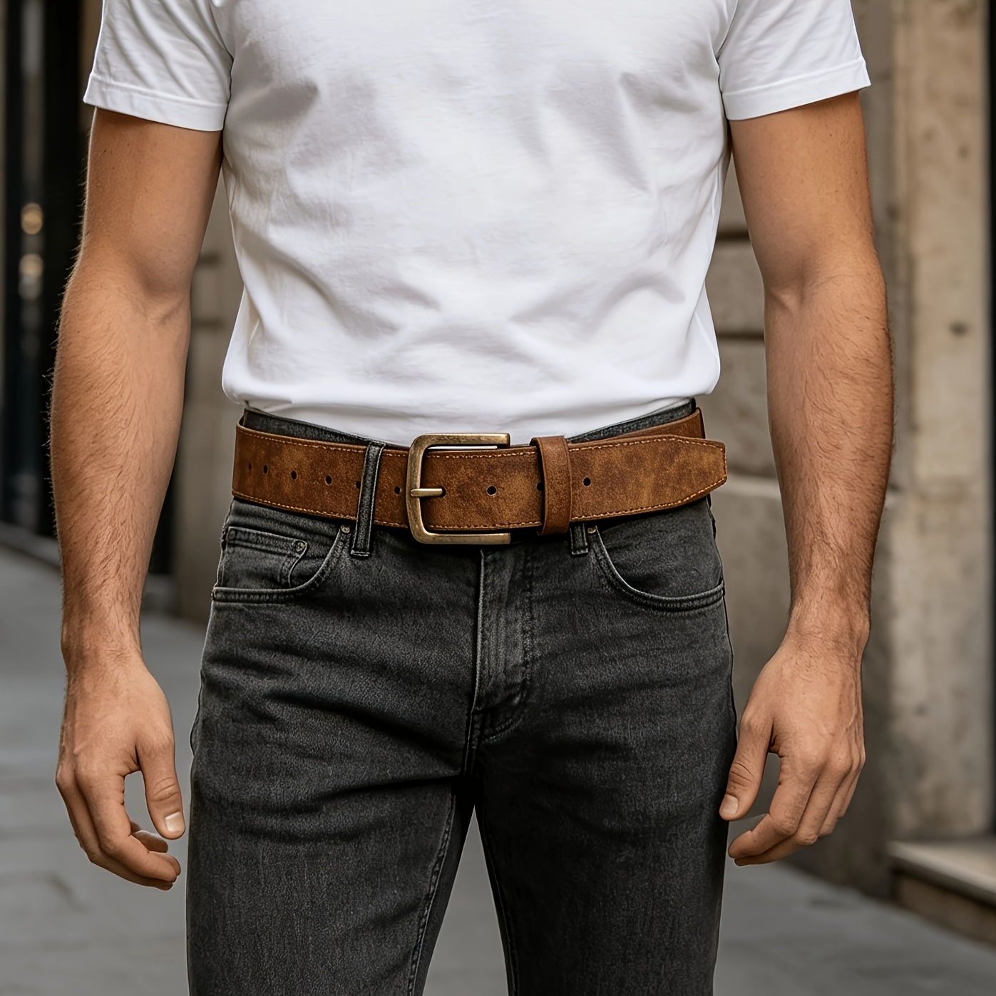 TEMU 1pc Men's Vintage Golden Double-prong Belt, Stylish And For Daily Commuting, Versatile For Pants, Western Style Belt, Pairs With Tops, Jackets,