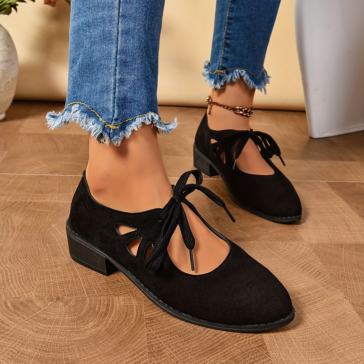 

Women's Solid Color Chunky Heel Loafers, Fashion Lace Up Dress Shoes, Stylish Cutout Design Shoes