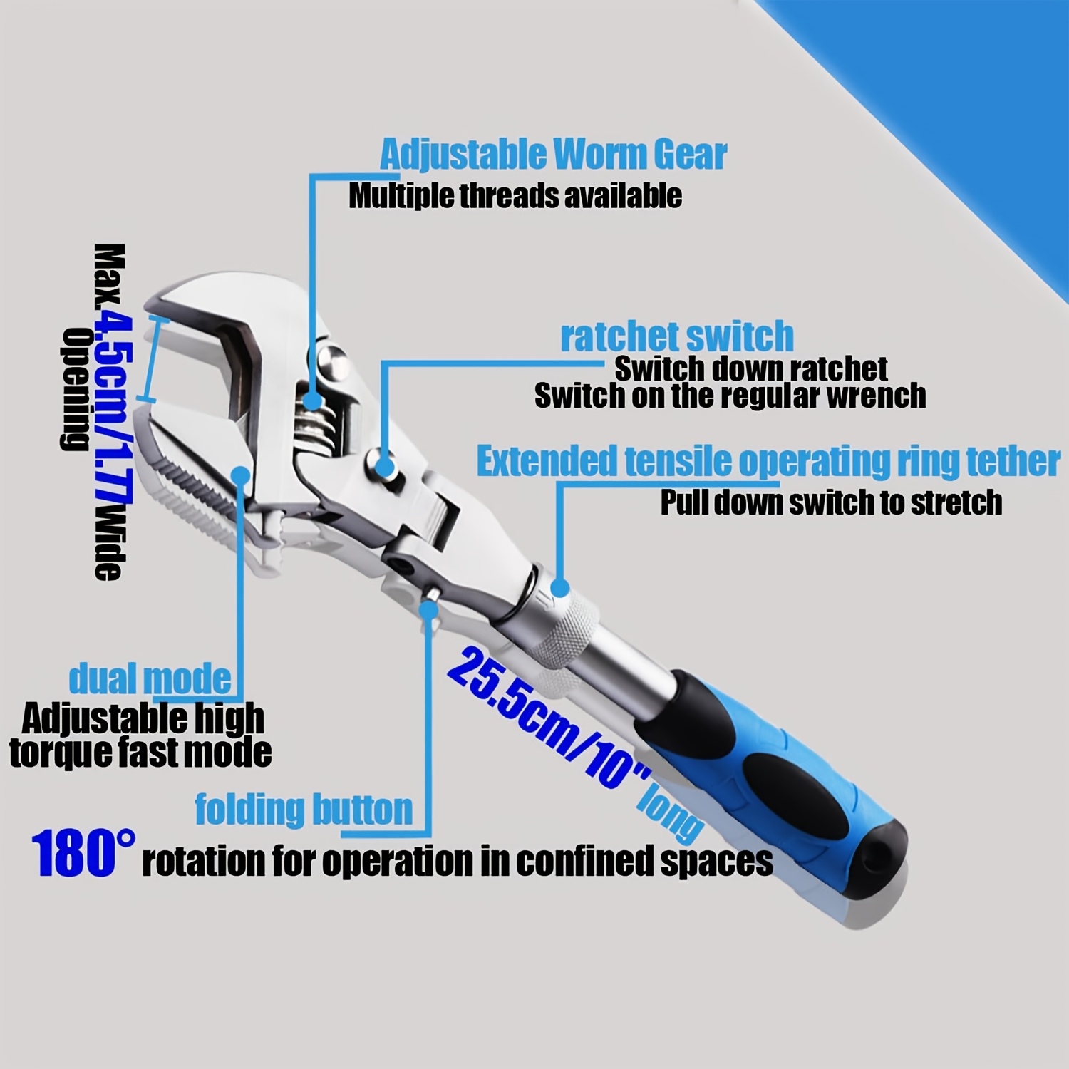 adjustable wrench 10inch to 12 inch ratcheting crescent wide jaw wrench retractable extension shank and 180 dgree rotating   home garage workshop Product details 2