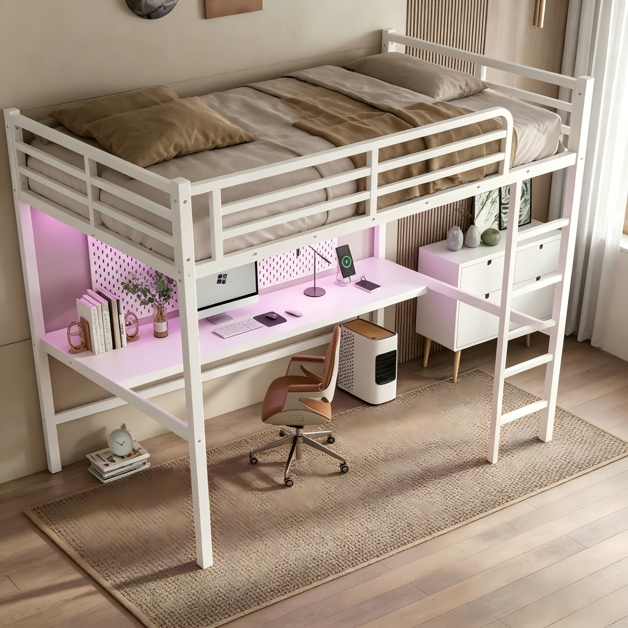 BELLEMAVE Queen Size Heavy-Duty Metal Loft Bed Frame with Built-In Desk, Side Ladder And Full Safety Guardrails, Noise-Reduced Loft Bed, No Box Spring Required, Modern Bedroom Furniture for Small Apartments, Off White