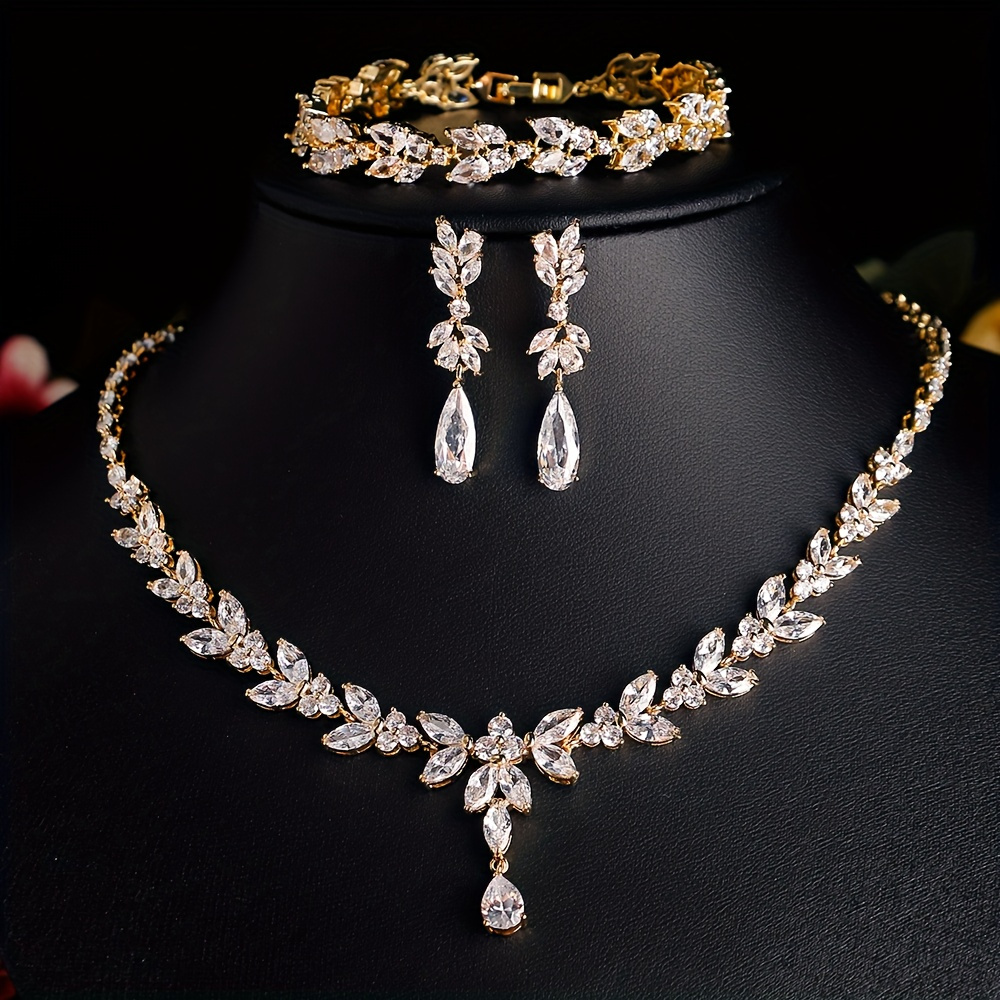 4pcs luxury copper jewelry set with synthetic zirconia elegant bridal necklace bracelet and earrings for weddings and valentines day gifts details 0