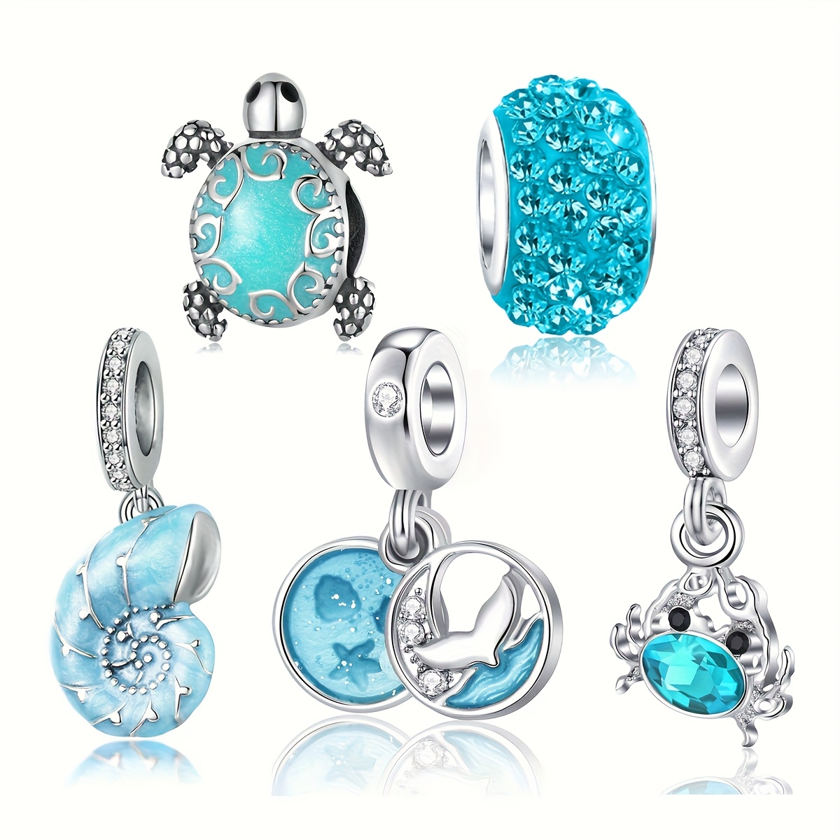 TEMU 5pcs Artisanat Tendance, Série Argentée Tortue Bleue Escargot Queue de Poisson Perle Pendentif, Création Bracelet Collier Ajouts