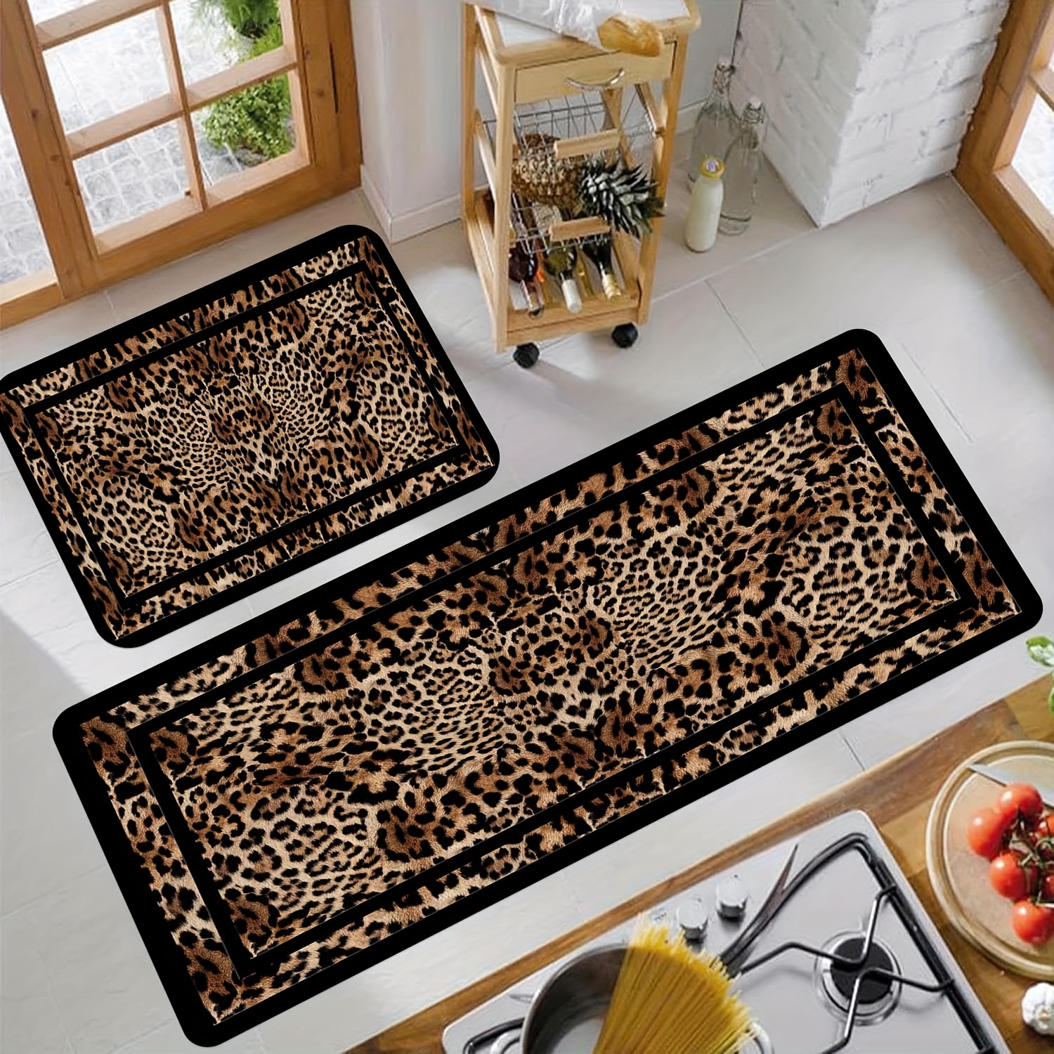 TEMU 1pc/2pcs, Dokriy, Vintage And Elegant Leopard Print Design Kitchen Rug Set, Non-slip Kitchen Floor Mat, Washable, Kitchen Runner Rug, For