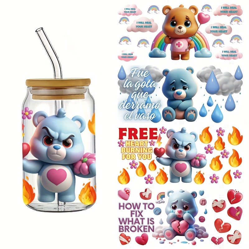 

Mood Bear Series Crystal Embellished Uv Dtf Stickers - 4 Sheets Set, Self-adhesive Polyurethane Decals For Glass, Theme Decor For Water Bottles, Home, Campus, Gifts - , Mixed Color,