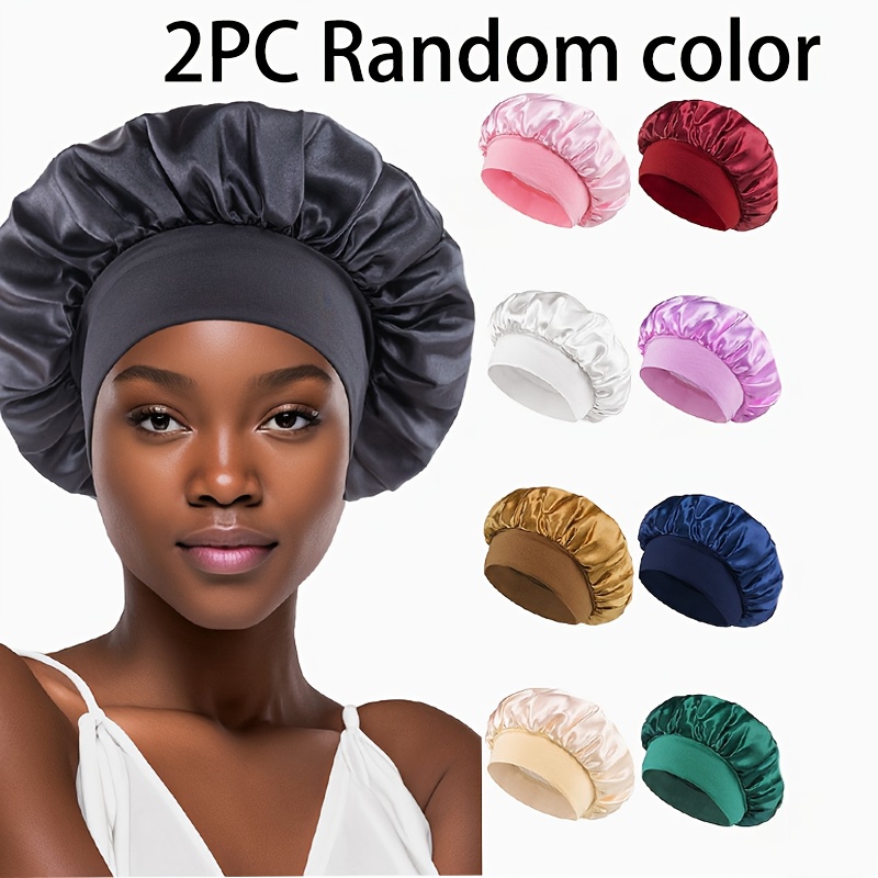 TEMU 2pcs Random Color Sleep Caps, Headbands, Band Sleep Caps, Curly Hair Wrap Ladies' Hats, Solid Color Wide Brim Elastic Fashionable Sleep Caps,