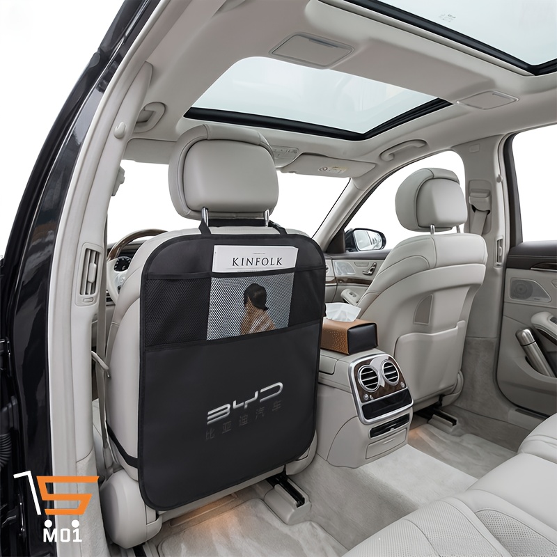 TEMU 1pc Logo Seat Backside Protector Car Seat Kick Mats With Pockets Car Seat Protector Car Storage Bag Kick Pad Oxford Cloth Rear Seat Protector