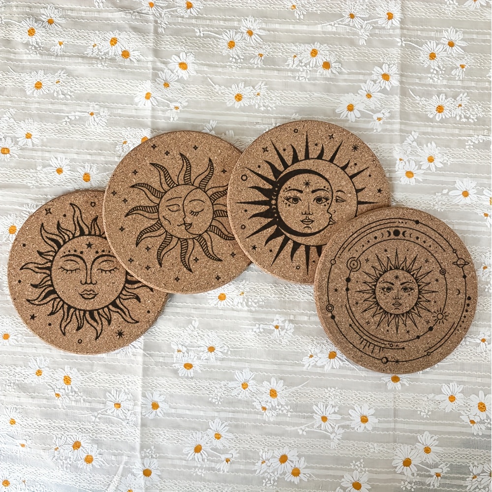 TEMU 4-pack Theme Cork Coasters Set - Handmade Carved Celestial Design With Pattern, Suitable For Mugs, Glass Cups, Coffee And Tea Hot Beverages,