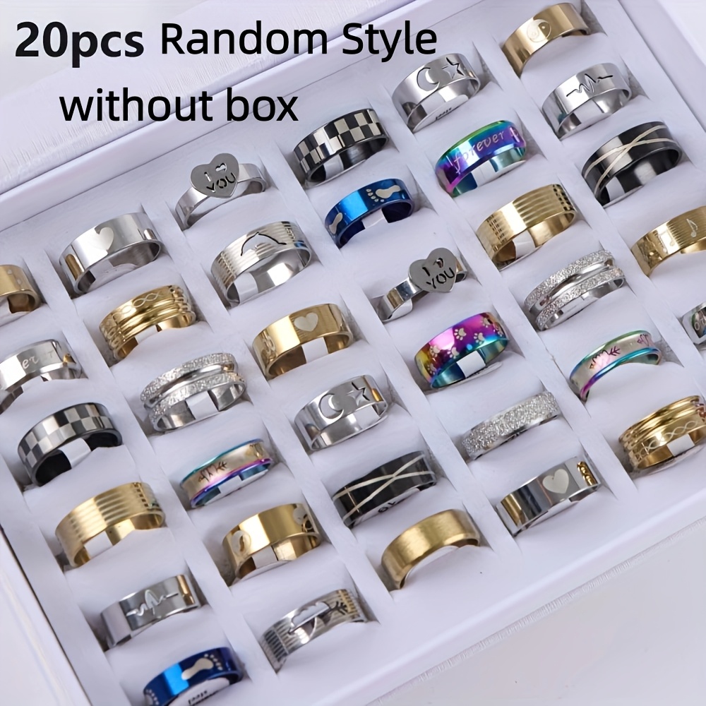 Image of 20 Trendy Striped Heart Cutout Stainless Steel Rings, Simple Couple Jewelry For Men And Women, Wedding Party Gift, Random Shipping (box Not Included)
