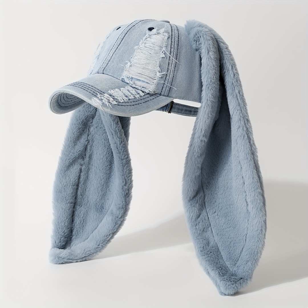 TEMU Women's & Men's Washed Distressed Pink Baseball With Plush Rabbit Ears & Wide Brim - Lightweight Soft Washed Texture, Adjustable Snapback