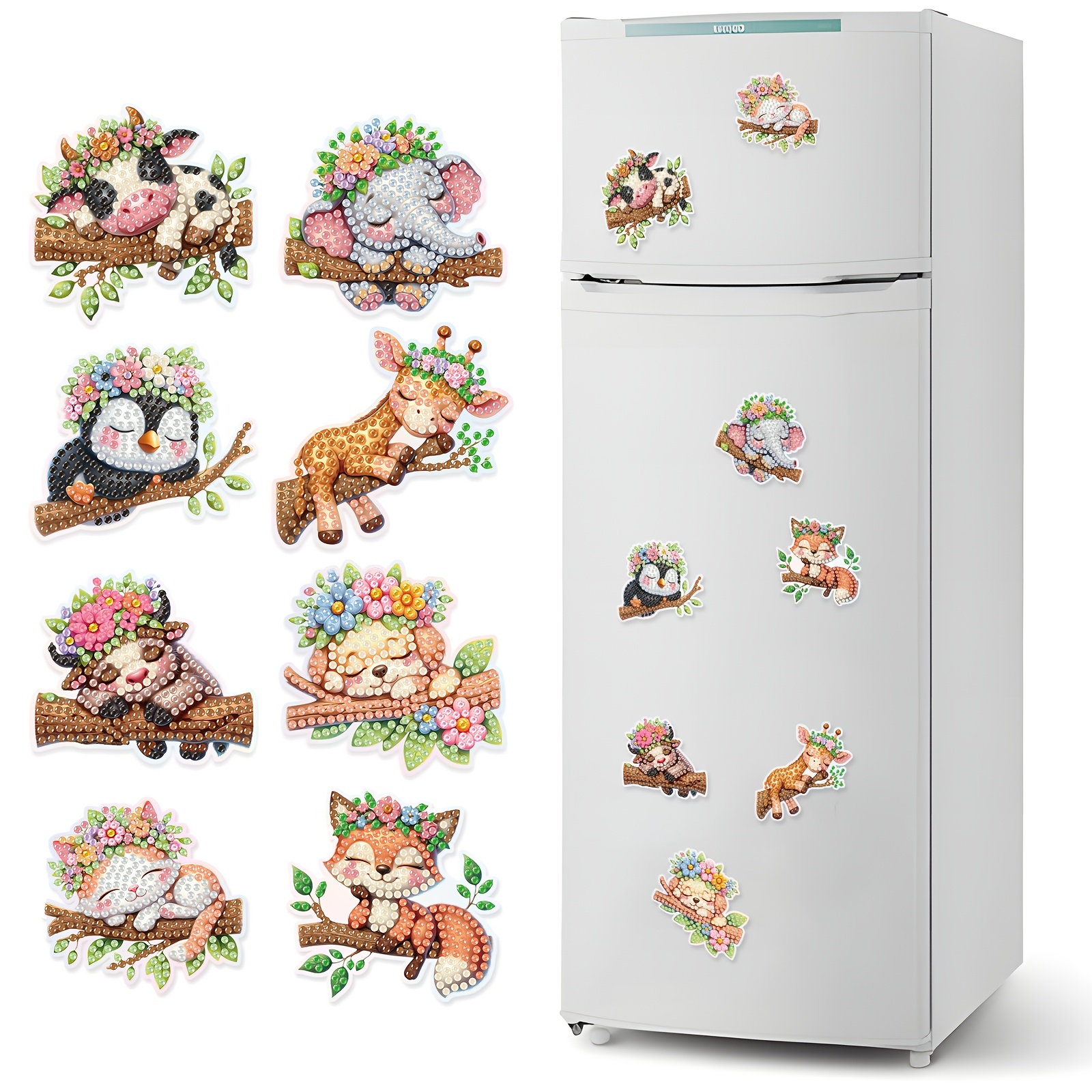 Image of 8pcs Diy Diamond Painting Kit - Cartoon Animal Sleeping On Tree Branch Designs, Round Rhinestone Magnet Set For Fridge & Home Decor, Craft Supplies