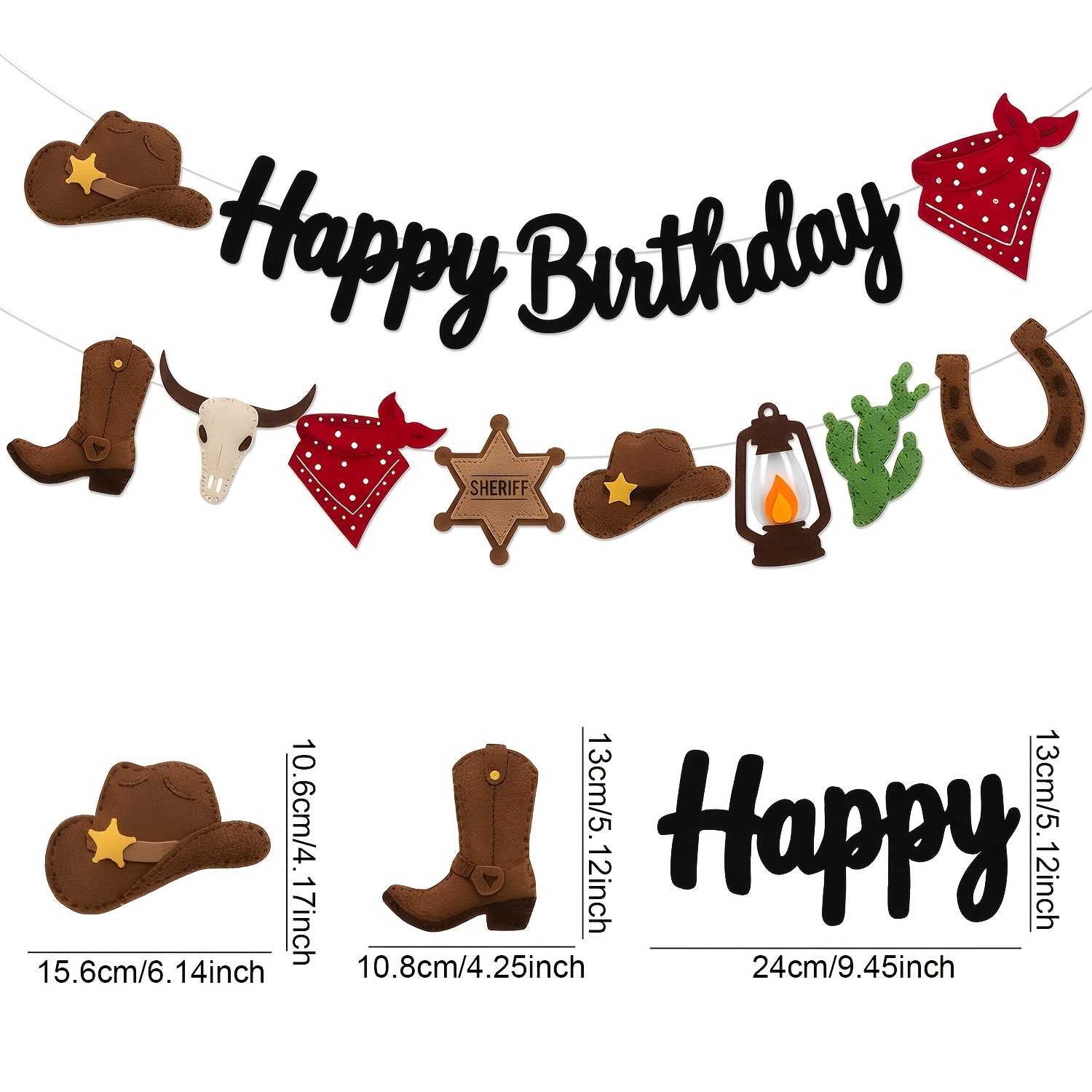 TEMU Bannière d'anniversaire et guirlande à suspendre 2D plate sur le thème du cowboy en feutre 2D, matériau en feutre de qualité supérieure, design