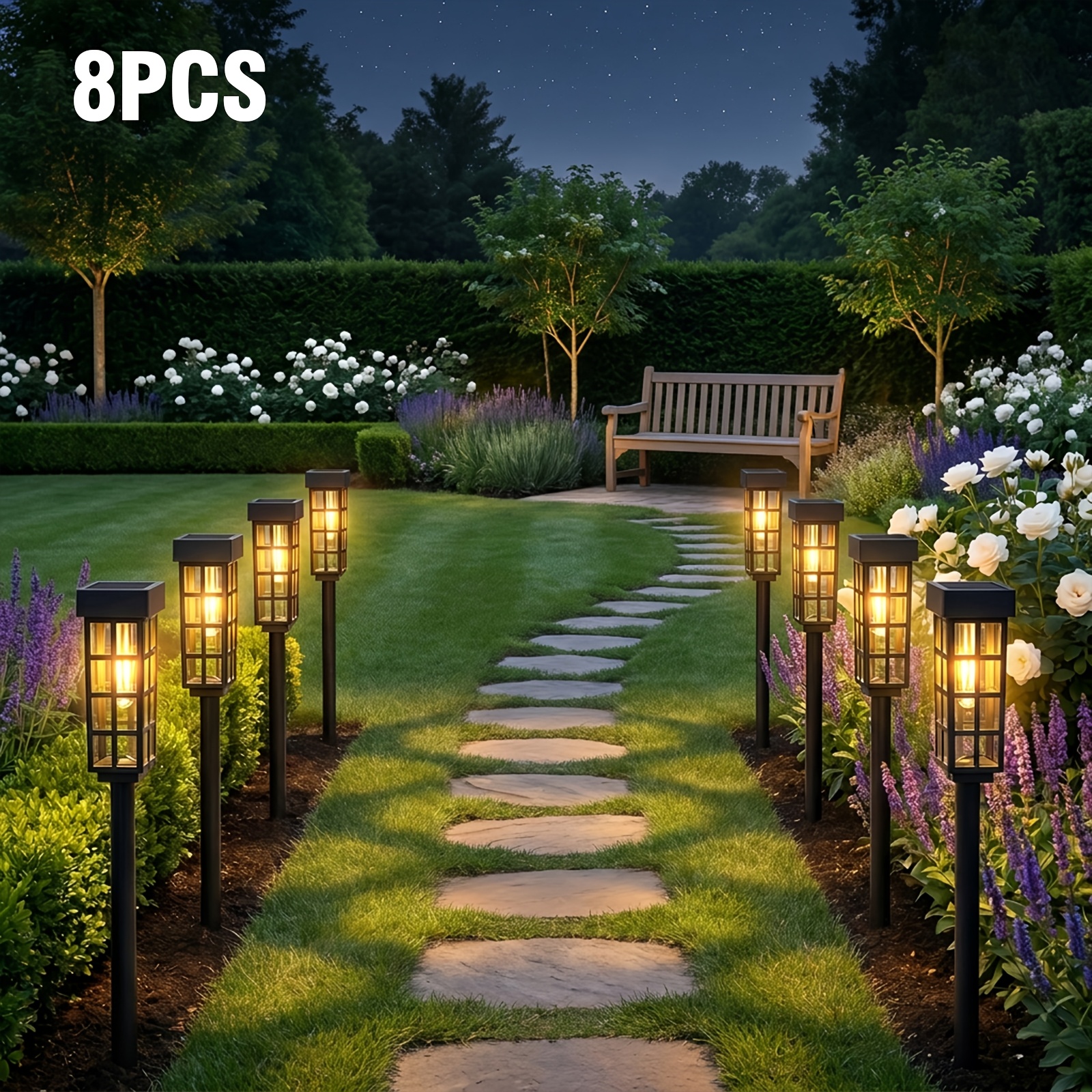 TEMU 8 Pack Clear Glass Solar Pathway Lights, 24 Inch Tall Ip44 Waterproof Warm White Led Landscape Lamps, Auto Dusk Sensor Solar Garden Lights For