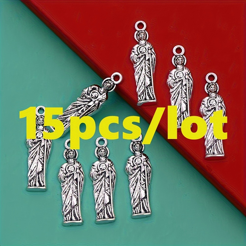 TEMU Lzsilver 15pcs Charms 25x7.5mm Antique Silvery Saint Catholicism Protection Amulet Pendant Rosary Bracelets Necklace Keychain Earrings Jewelry