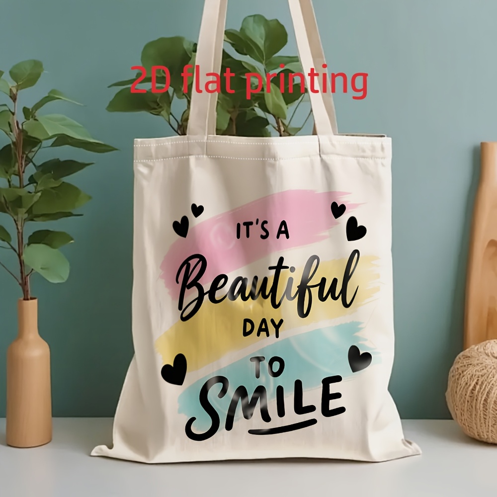 TEMU Men' Tote Bag - Unisex 2d Flat Print Smiling Day Reusable Canvas Bag, Suitable For Supermarkets, Schools, And Travel, Dual-use Handheld And