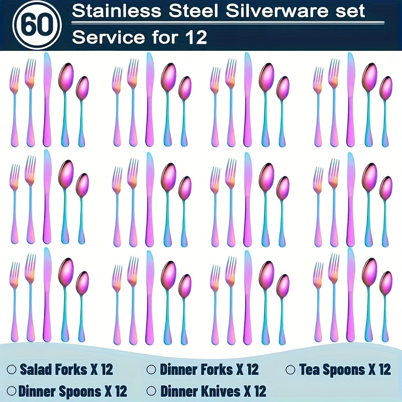 TEMU 60/20pcs Stainless Steel Rainbow Silverware Set - Heavy Duty Commercial Silverware For Restaurants, Weddings & Home | Dishwasher Safe,