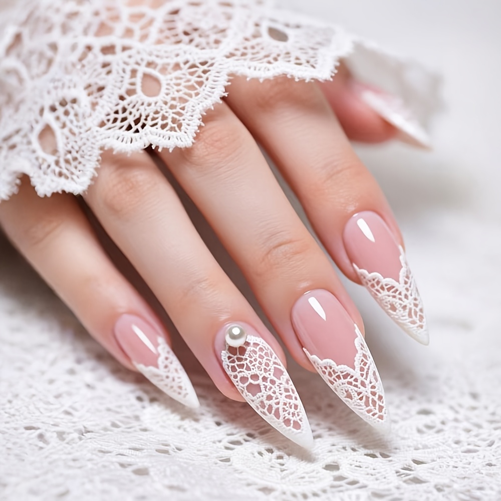 TEMU Finger Nail Decorations Long Nails Almond Shape Pink Pearlescent Dot Glitter Elegant Style Gradient 24pcs Reusable Nails Suitable For Women And