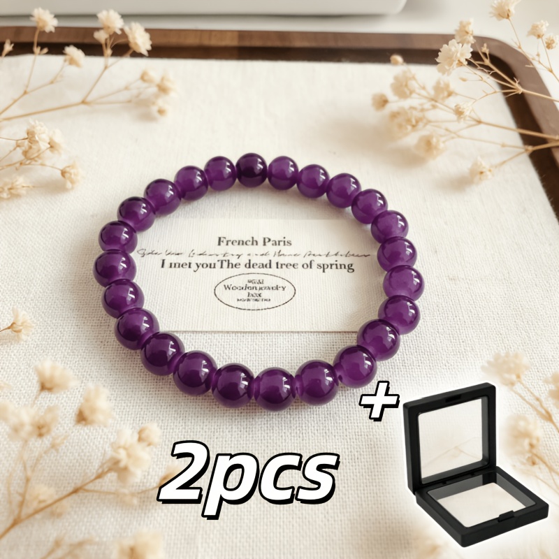 TEMU 2pcs Elegant Amethyst Beaded Bracelet Set With Exquisite Box. Adjustable Elastic Stretch Bracelet, Suitable For Various Occasions, Daily Wear