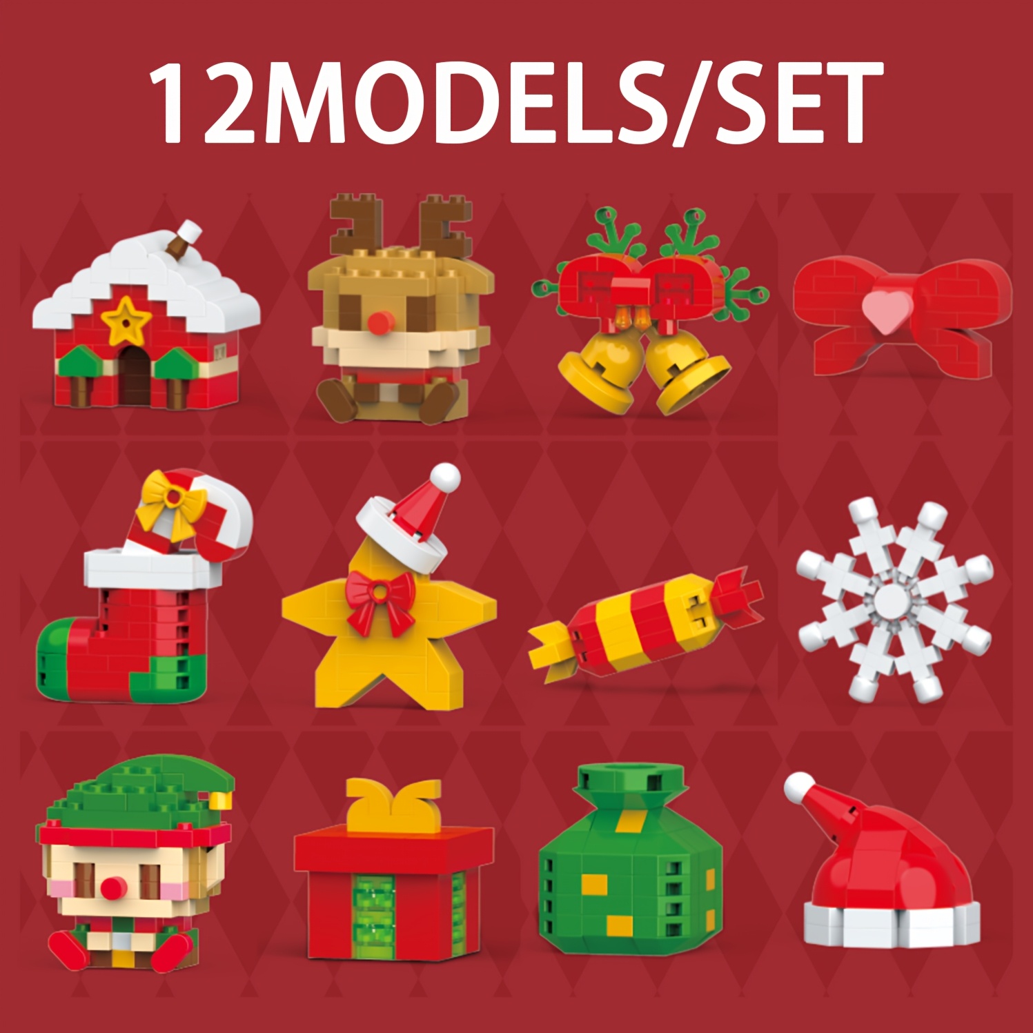 TEMU Christmas Mini Building Blocks Set - 12 Models Including Santa, Snowman, Gingerbread For Man & Candy Cane Bricks Toy For Kids & Collectors