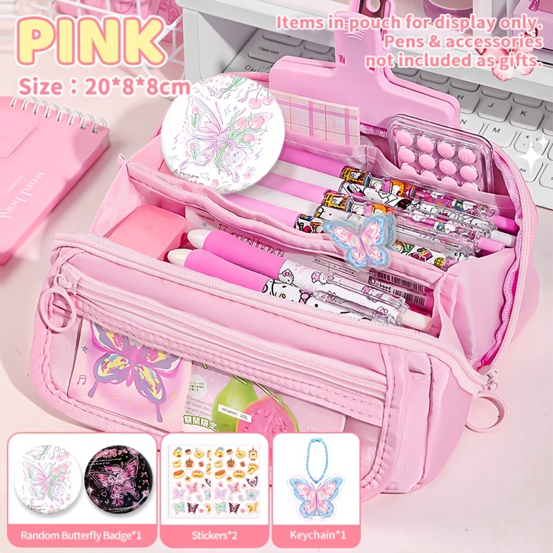 TEMU 4pcs New Canvas Pencil Case Set With Random Color Brooch, Pendant, Sticker Additions - Large Capacity Layered Design, Zipper Closure - School