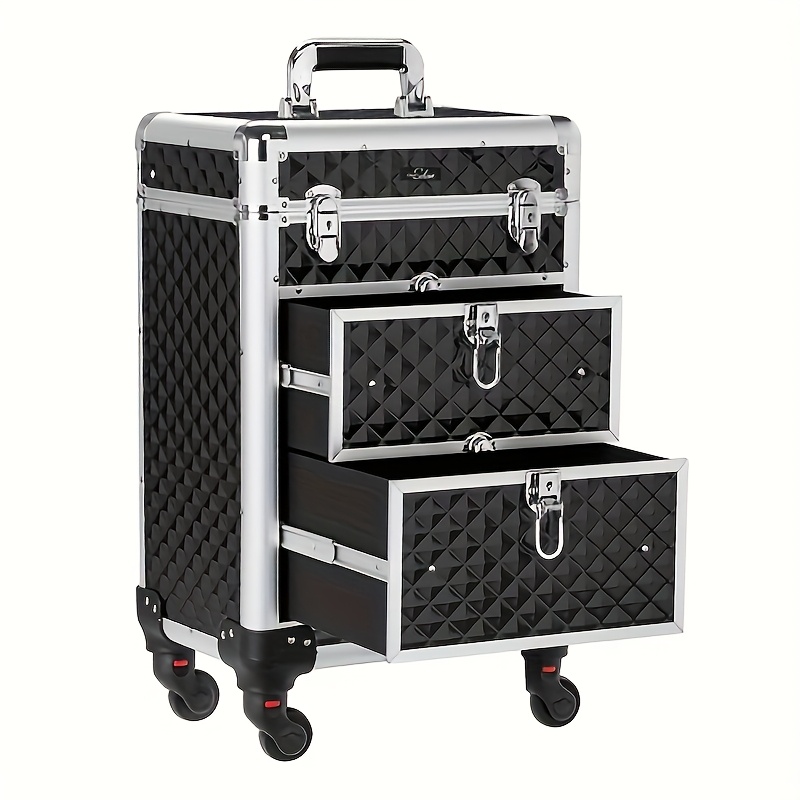 TEMU Omysalon Aluminum Rolling Makeup Train Case - Portable Cosmetic Organizer Suitcase With 4 Removable Wheels, 2 Sliding Drawers, Lockable Travel