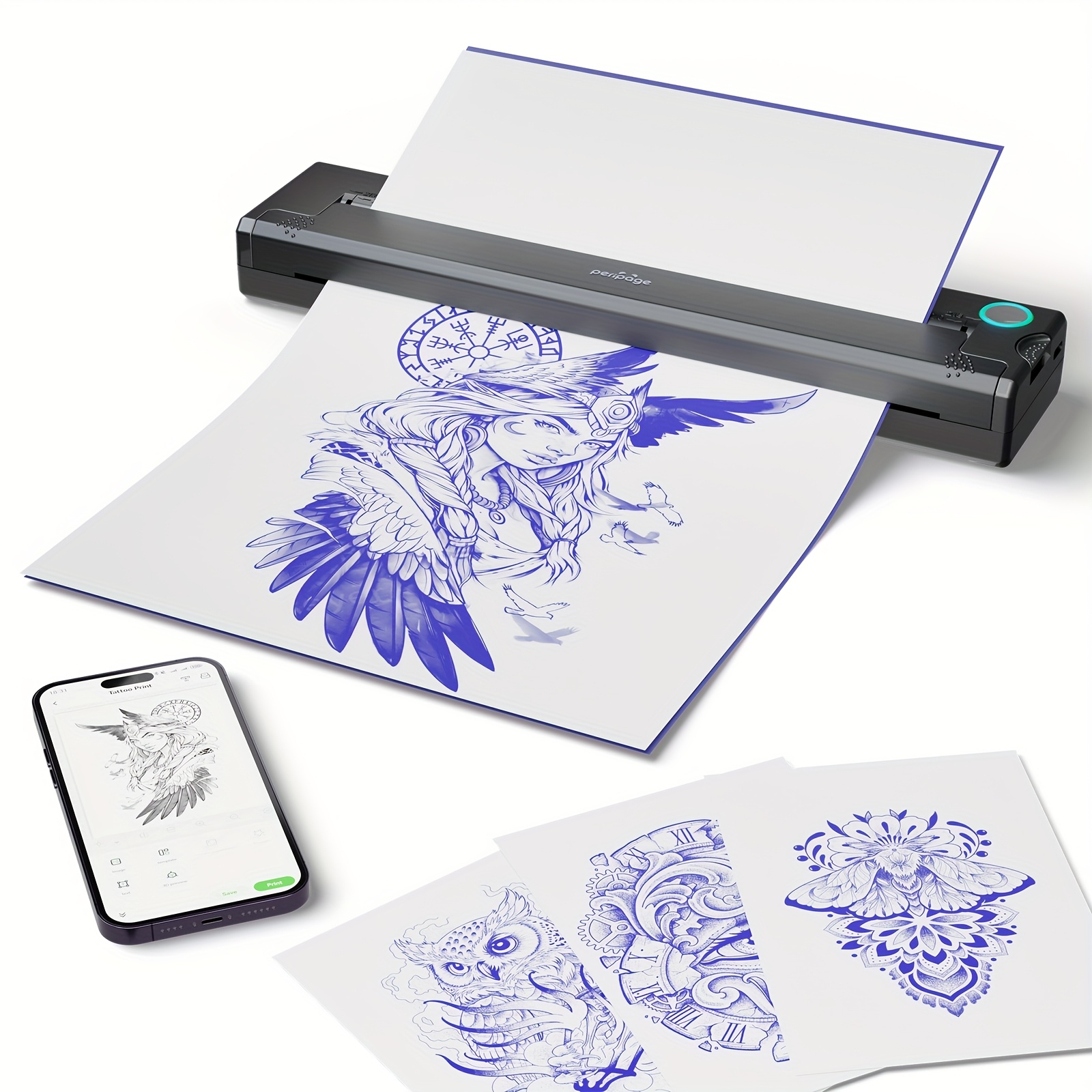 P90 Wireless Tattoo Stencil Printer, Thermal Tattoo Machine with Tattoo Stencil Paper, Portable Tattoo Printer Kit Compatible with Phone, Pad & PC