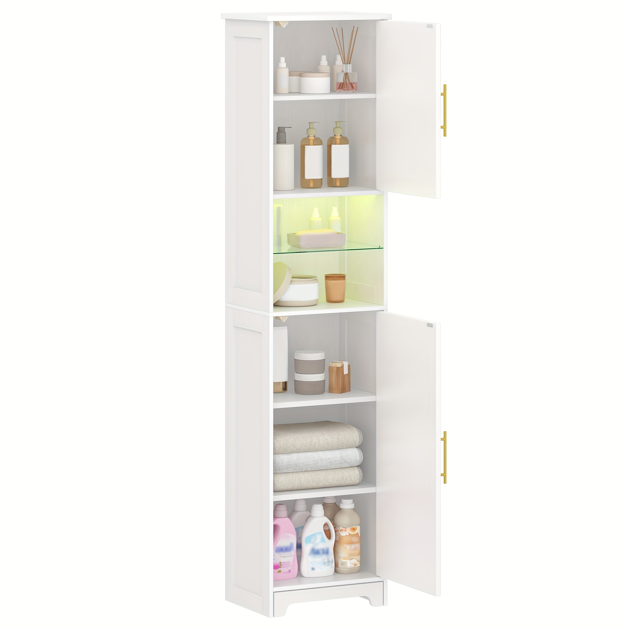 Image of Bathroom Cabinet With Led, Storage Cabinet With 2 Cabinet Doors, Adjustable Shelves, Tall Narrow Cabinet For Bathroom, Living Room, Laundry Room, Black