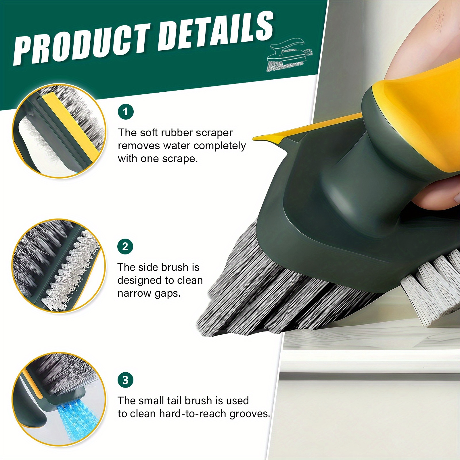 a versatile cleaning brush that can tight spaces   removes stains features bristles   sides is designed for   and is   portable and sturdy making it   cleaning bathrooms kitchens and living rooms Product details 6