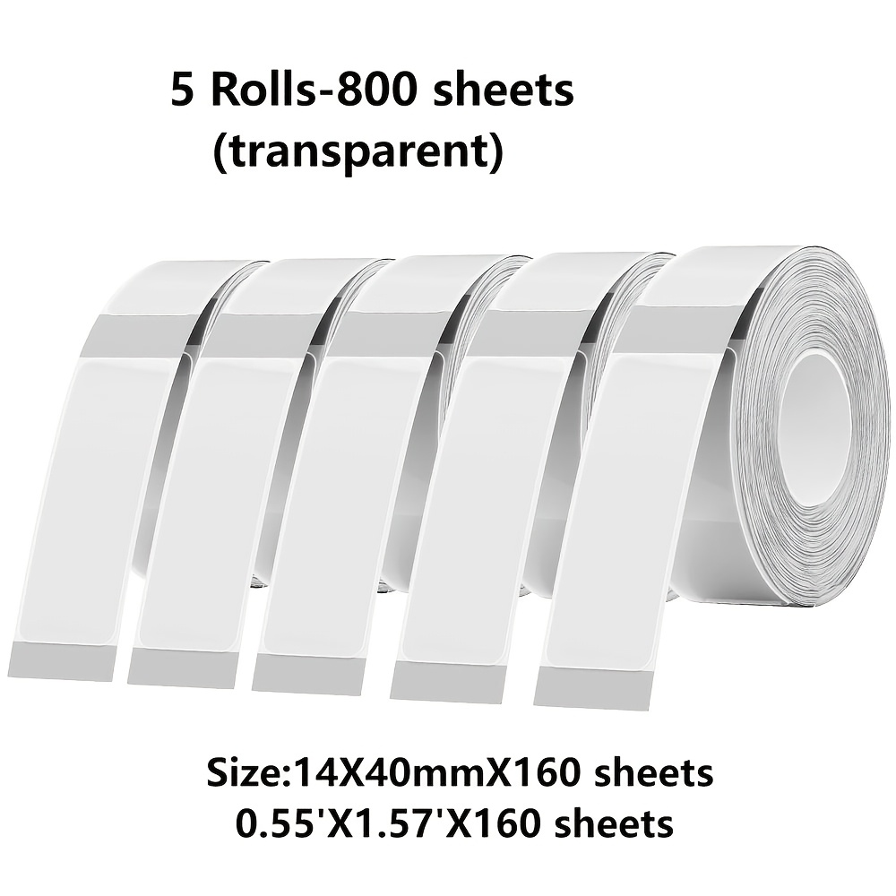 

800 Sheets 5 Rolls Transparent Label Tape, 14mm X 40mm/12mm X 40mm, Compatible With D30/q30/d32/d35/p11/p15/hp4, Waterproof, Oil-proof Label Tape Sticker, Suitable For Office, School, Home, Etc