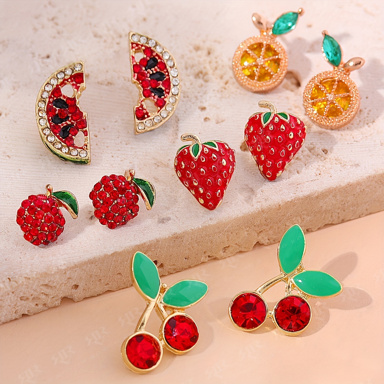 

Fruit Themed Stud Earrings Set Of 5 Pairs - Cute & Simple Enamel Watermelon, Strawberry, Cherry, With Glass Inlay - Zinc Alloy & 925 Sterling Silver Posts - Versatile For Parties And Vacations