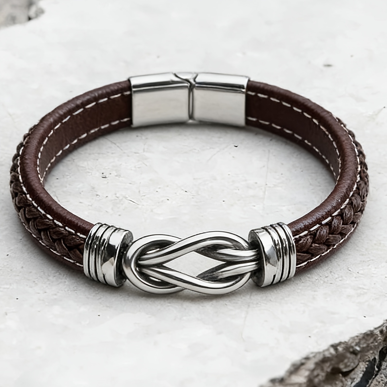 TEMU 1pc Men's Woven Faux Leather Bracelet, Faux Leather Strap With Golden Infinite Knot And Magnetic Buckle, Durable Unisex Jewelry, Suitable For