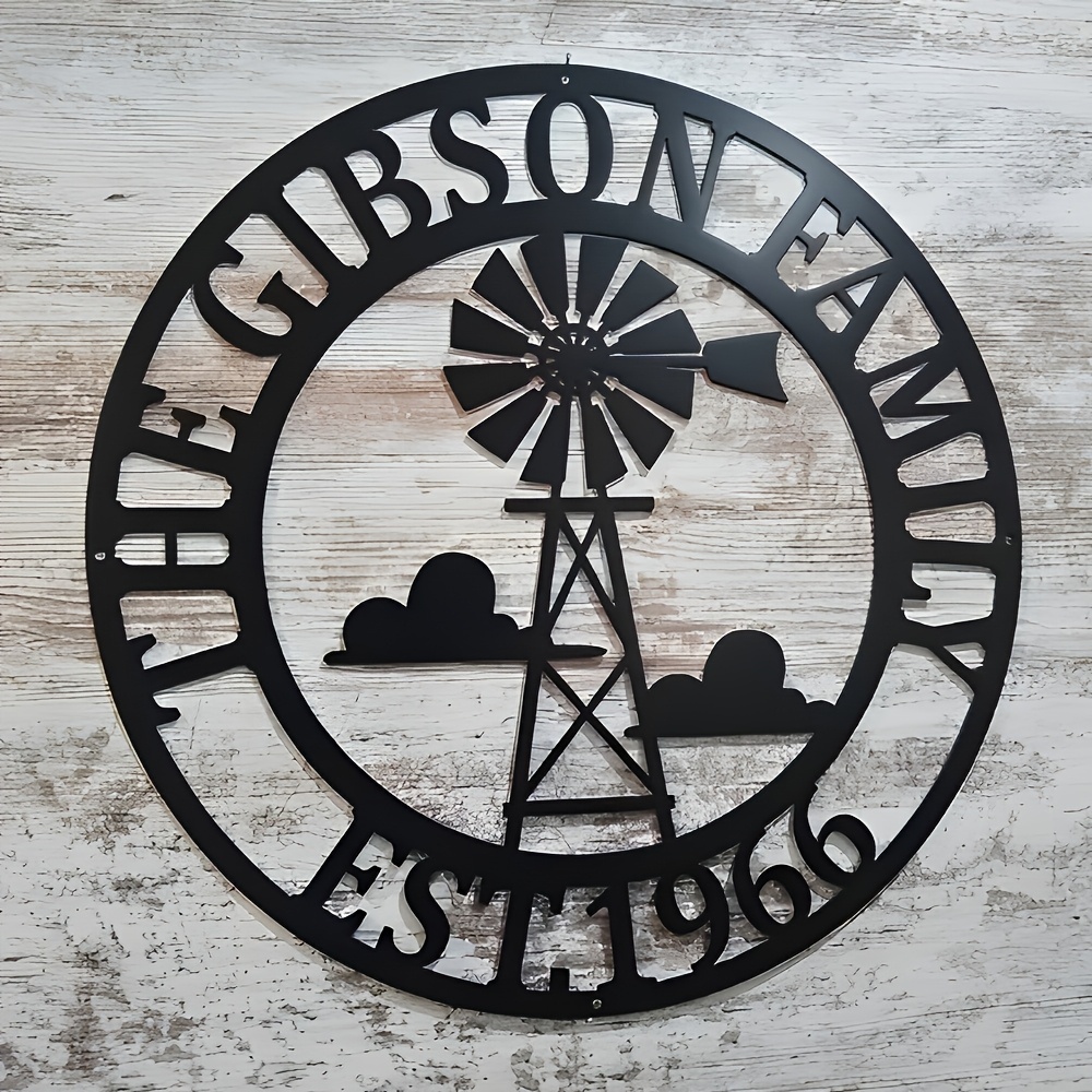 TEMU Customizable Metal Wall Art - Classic Farmhouse Style Personalized Family Name & Year Sign, Rustic Windmill Silhouette Decor For Indoor/outdoor