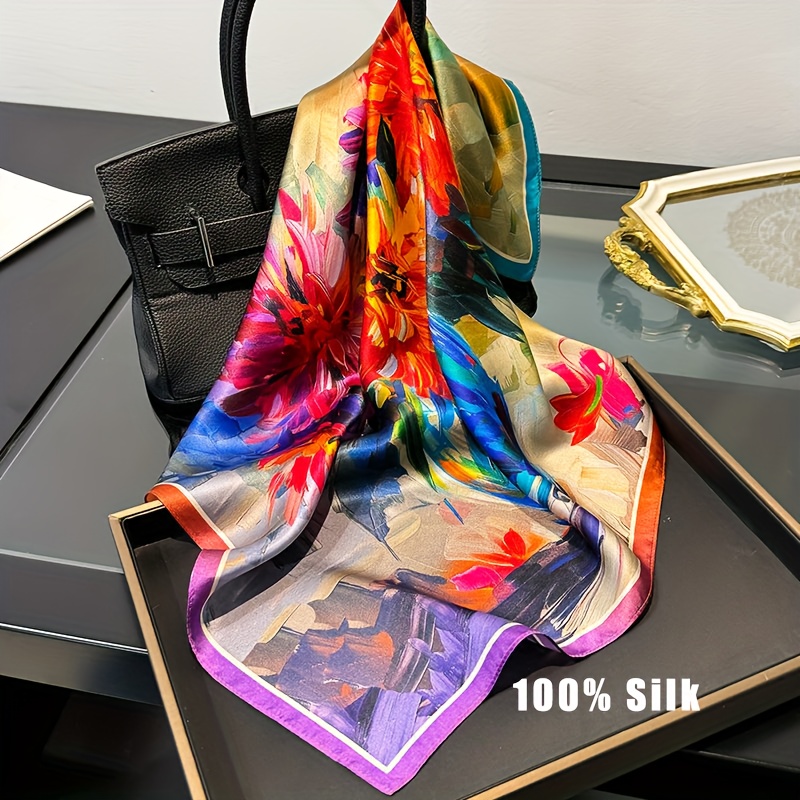 TEMU French Artistic Oil Painting , 100% Silk Women's Vibrant Floral Square Scarf, Versatile Shawl Accessory For , Of Oil Paintings, Suitable For