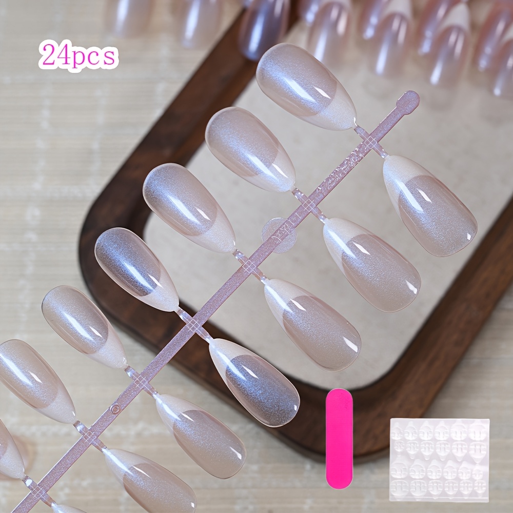 TEMU 24pcs 24pcs Handmade Aurora French Tip Press-on Nails Suitable For Women, Medium Almond Shaping With Iridescent Holographic Cat-eye Gradient Gel