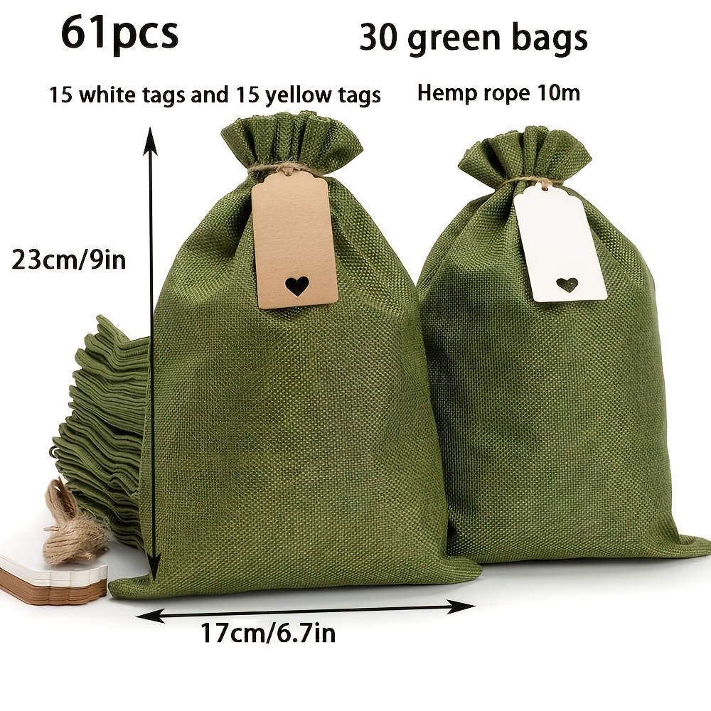 TEMU Gift For Her/him 61pcs Jute Rope Bag Set, Army Green, Linen, Includes 30 Burgundy Burlap Bags + 30 Labels + 1 Roll Of Jute Rope, For Easter,