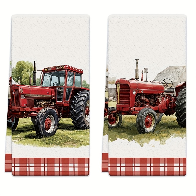 TEMU 2pcs Dish Towels 18x26 Inches Red Tractor Microfiber Absorbent Kitchen, Suitable For Home Kitchen Cooking, Baking, Bathroom Cleaning, Bathroom,