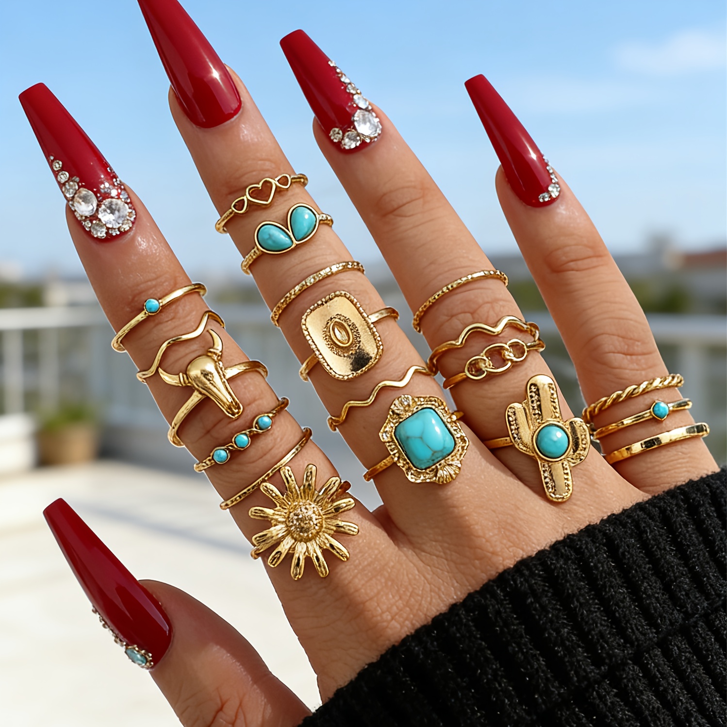 E-shop 19-teiliges Ring-Set aus legiertem Eisen mit Ringbügel Kunst-Türkis-Einlage, stapelbare Ringe im Vintage-Ethno-Stil mit Western-Kaktus-,