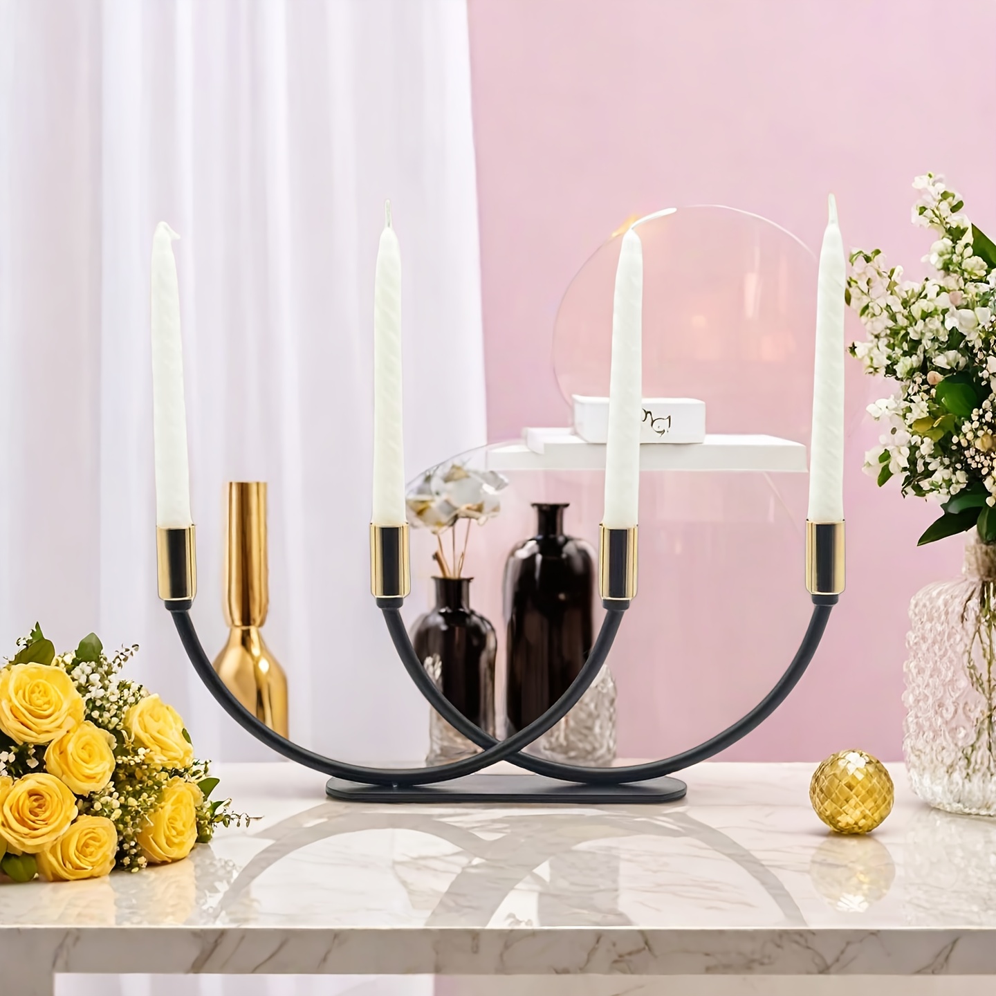 Image of European- Luxury Irregular Double U-shaped Black Candle Holder, Candlelight Dinner Prop For Restaurant, Living Room, Hotel, And Home Decor