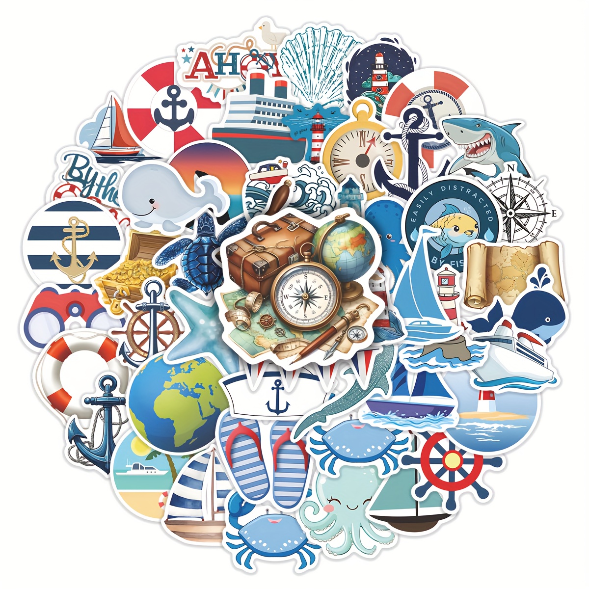 50pcs Nautical Stickers Waterproof - , Pirate Ship & Decals With Lighthouse, Compass, Anchors,, Turtles, Octopus, Fish, Scrapbooking, Luggage, Water Bottle, Party Decor