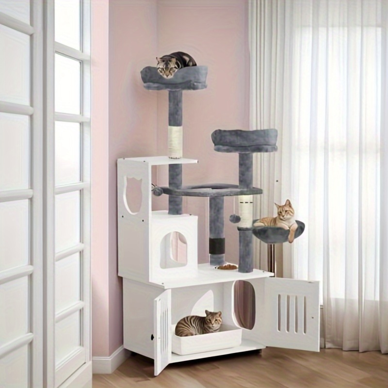 TEMU Cat Tree With Garbage Bin, 2- In- 1 Cat Furniture, Modern Cat Apartment, Indoor Cat Tower With Wooden House, , Pet Supplies, Pet Furniture, Indoor Cat Tree Tower, Family Christmas Gift Decoration