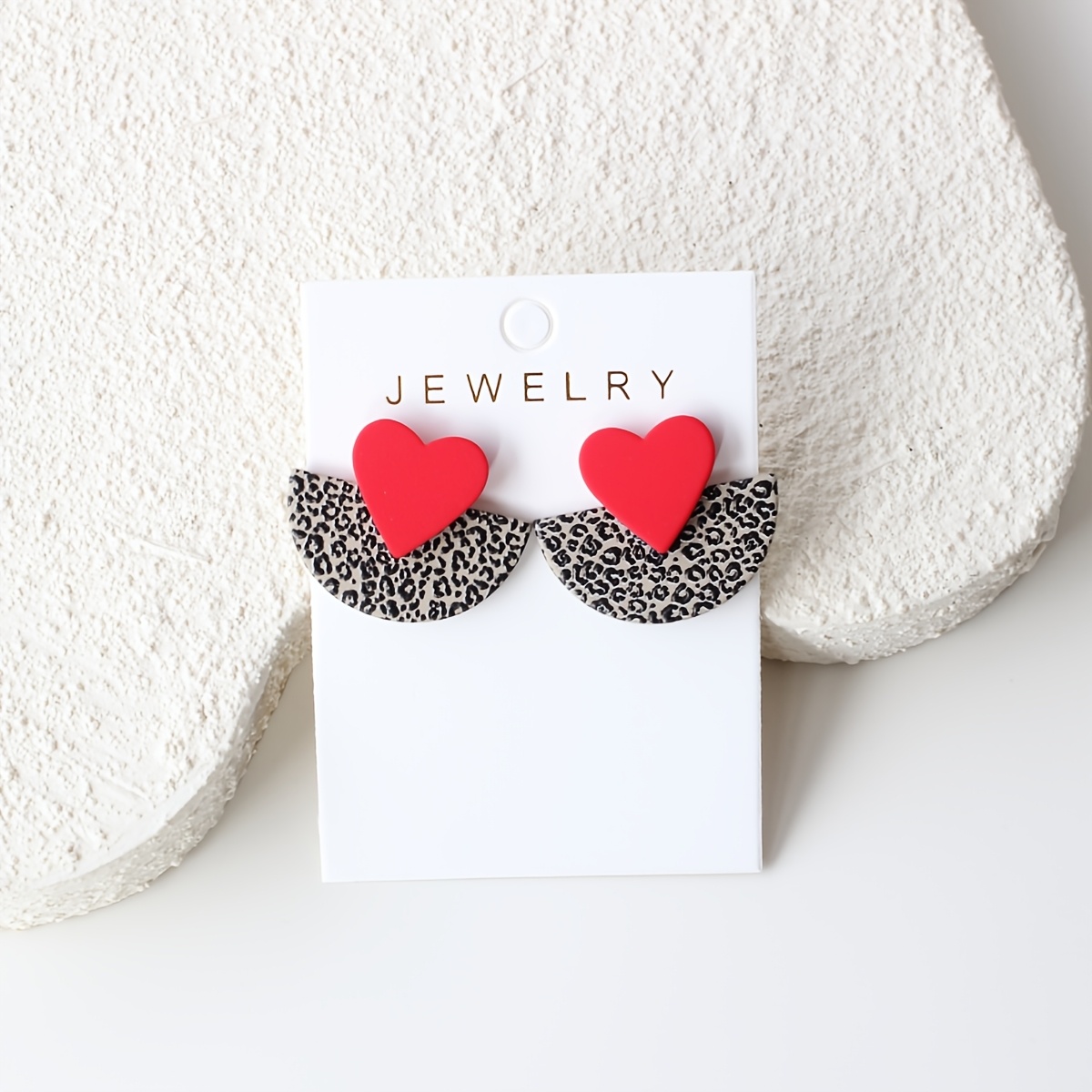 Image of 1 Pair Of Spring/summer Red Heart Leopard Print Half-circle Acrylic Women' Earrings, Clay-textured, Vacation-elegant, Cute, Suitable For Parties, Celebrations, And Holiday Gifts