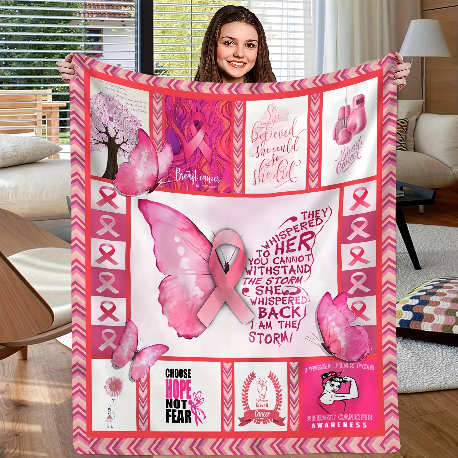 

Breast Cancer Awareness Throw Blanket - Inspirational & Quotes, Soft Flannel Fleece, Digital Print, All-season Cozy Style Couch Blanket, Occasion Theme - 100% Polyester, 200-250gsm