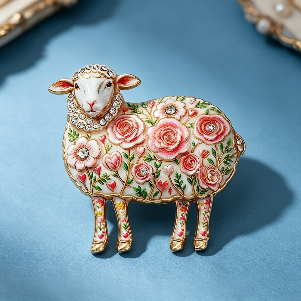 TEMU 1pc Neckband Rose Floral Lamb Studded Rhinestone Brooch, Gentle Pastoral , Zodiac , Qipao Coat Accessory, For Sheep Year, Romantic Gift For