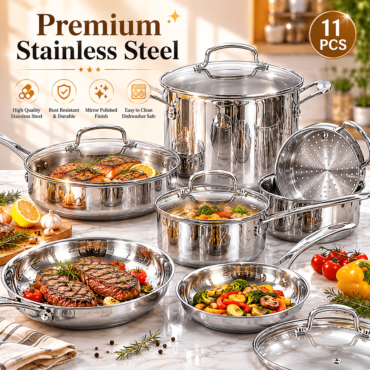 11pcs Stainless Steel Pots And Pans Set, Non-Toxic Kitchen Cookware Set with Glass Lids, Induction Compatible Cooking Set, Aluminum Core Fast Even Heating, Cool Touch Handles, Dishwasher Safe for Daily Cooking, Family Kitchen Essentials