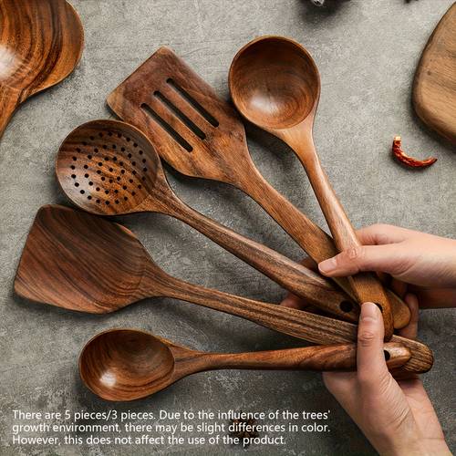 3 5 piece wooden cooking spoon set wok turner natural teak wood utensils kitchen spatula set skimmer spoon wooden turner utensil set wooden spatula soup spoon teak wood set